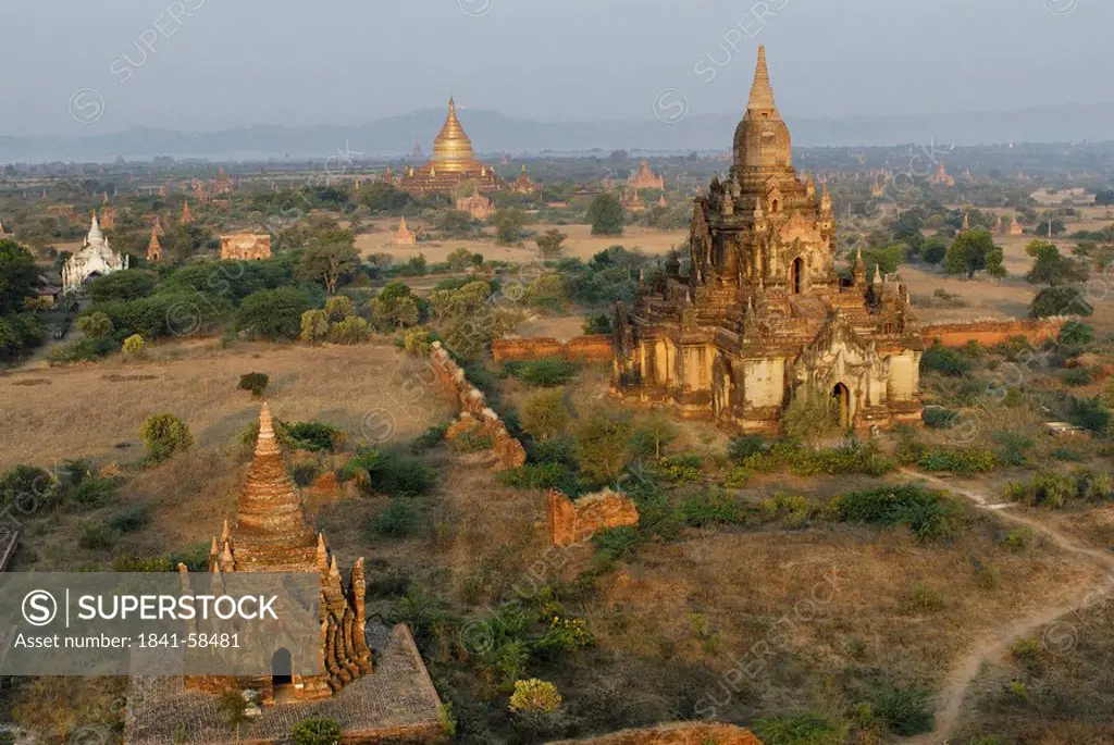 High angle view of temples on landscape, Pagan, Myanmar