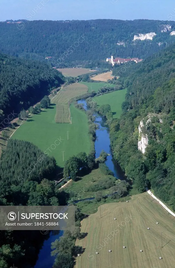 River flowing through valley, Danube River, Swabian Alb, Baden_Wurttemberg, Germany