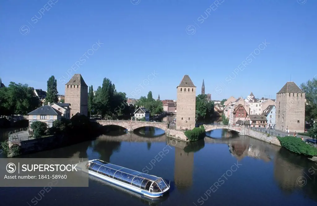 High angle view of passenger boat in a canal, Alsace, Strasbourg, France