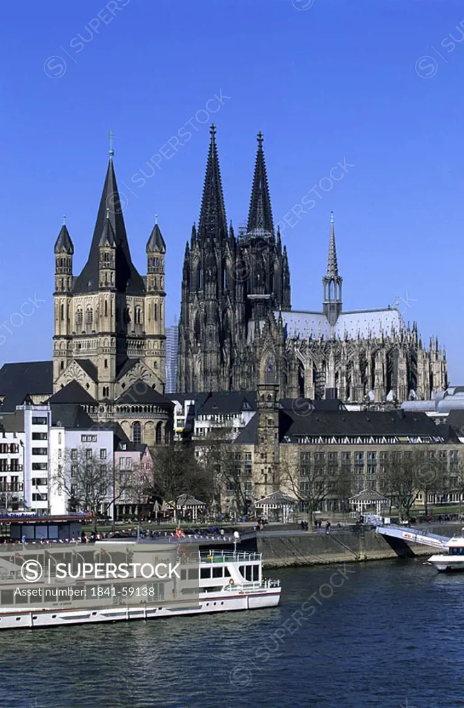 Cathedral at waterfront, Cologne Cathedral, Cologne, Rhine River, North Rhine Westphalia, Germany