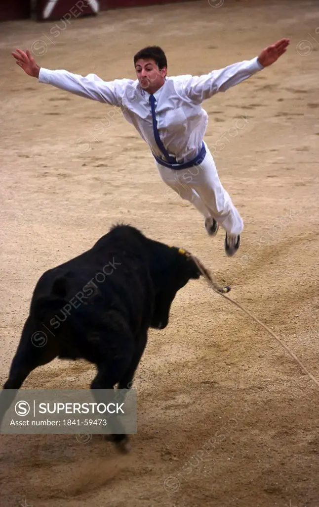 Matador bullfighting in arena, Souprosse, France