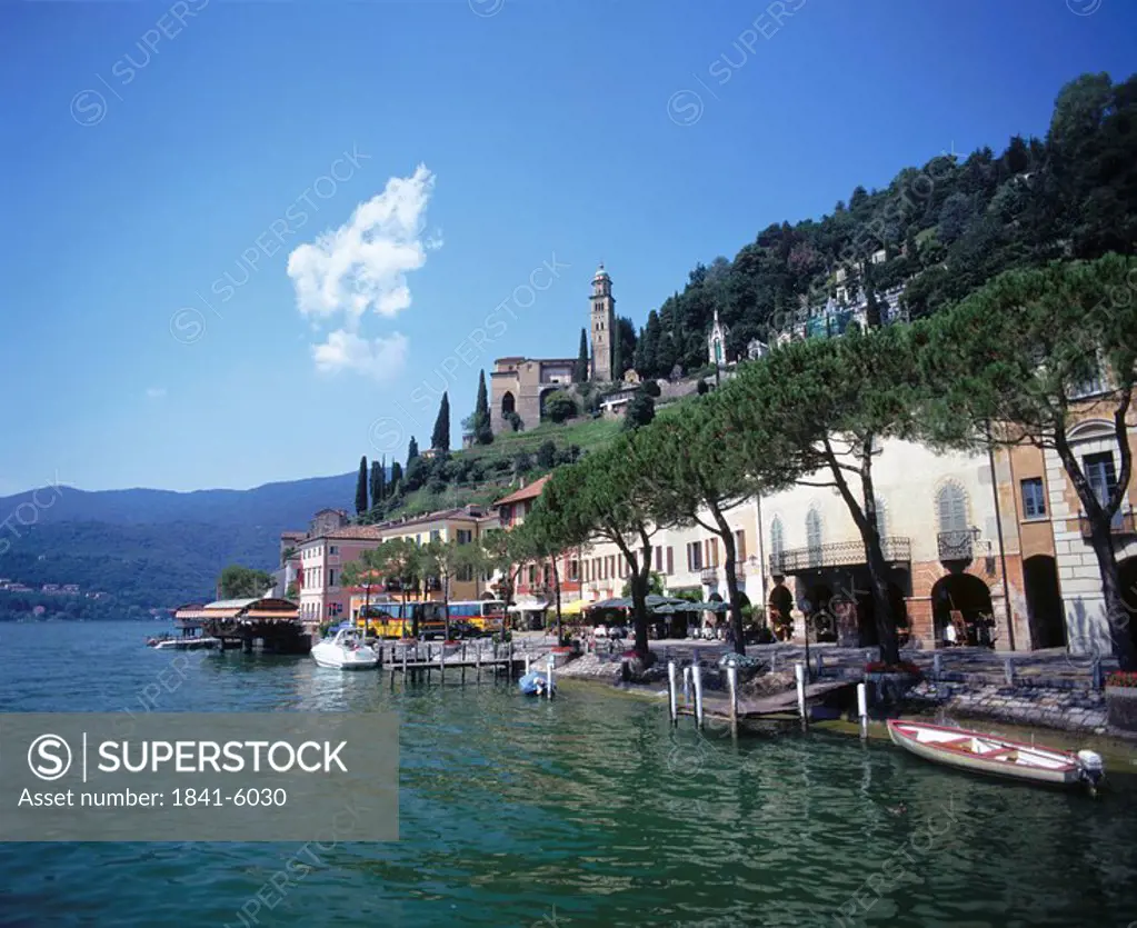 Buildings at waterfront, Lake Lugano, Morcote, Switzerland