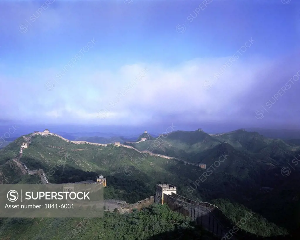 Panoramic view of ancient wall on mountain range, Great Wall Of China, Beijing, China