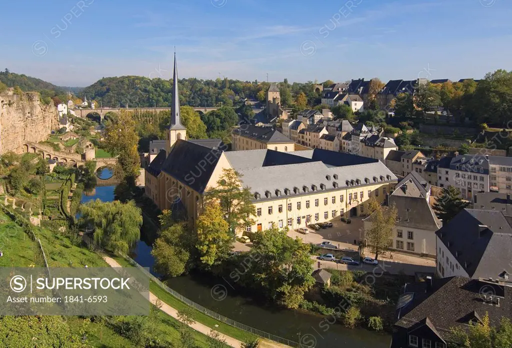 River flowing besides monastery, River Alzette, Luxembourg City, Luxembourg