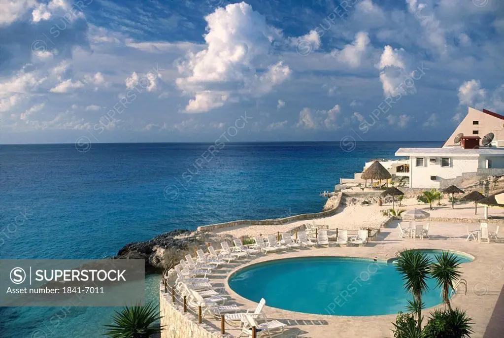 Hotel with swimming pool on beach, Cozumel, Yucatan, Mexico