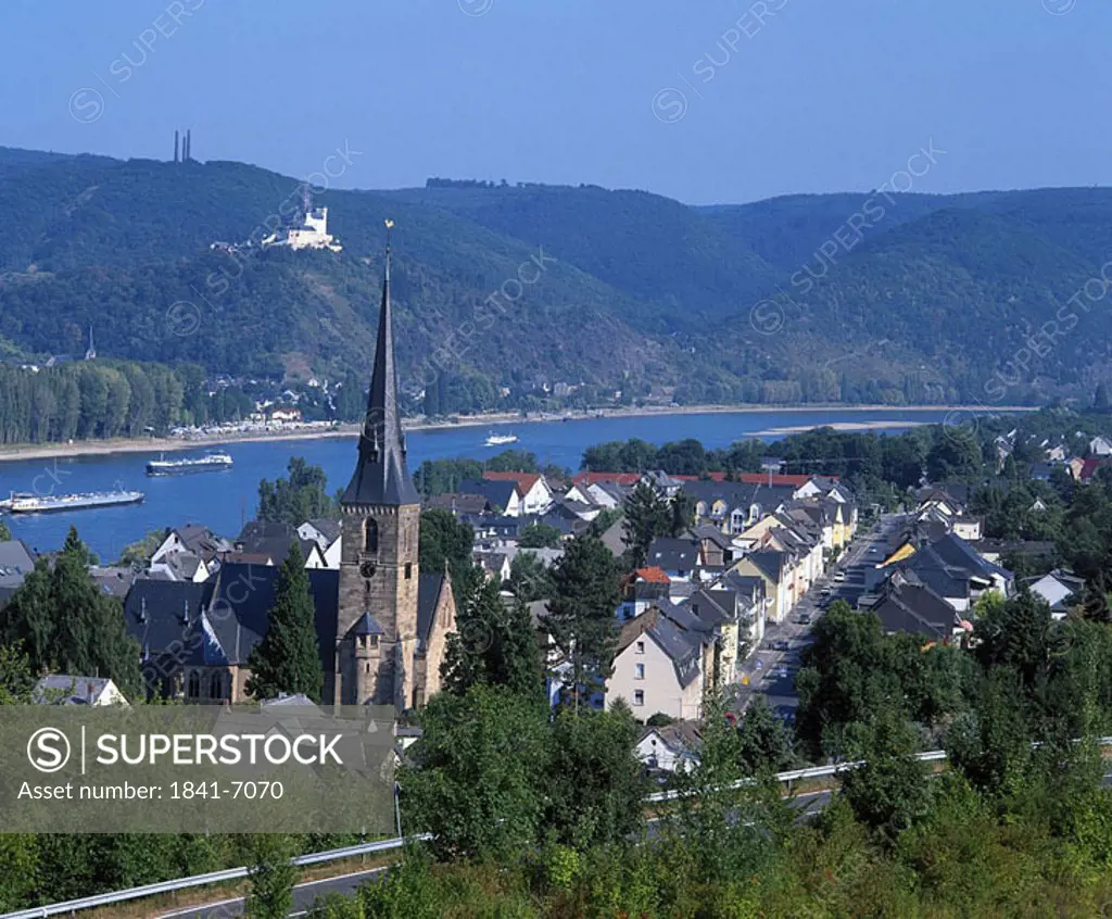 Aerial view of town, Marksburg Castle, River Rhine, Rhineland_Palatinate, Germany