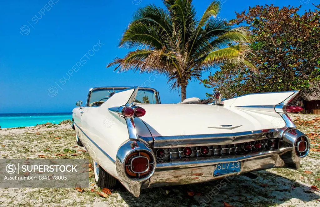 1959 White Cadillac on beach, Varadero, Cuba