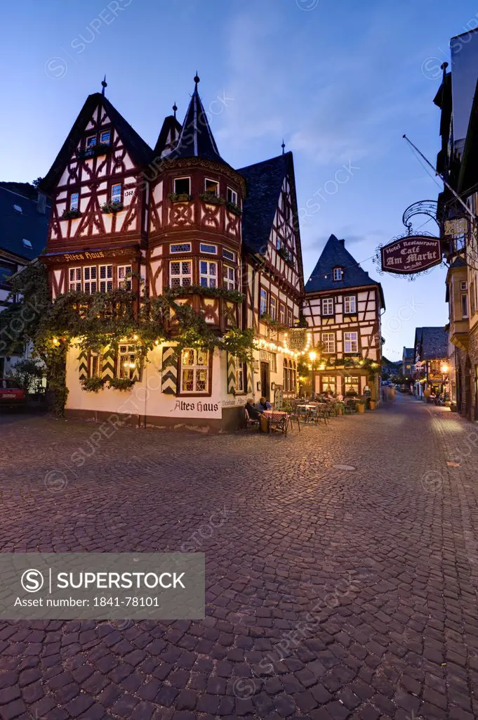 Inn Altes Haus on market square in the evening, Bacharach, Germany