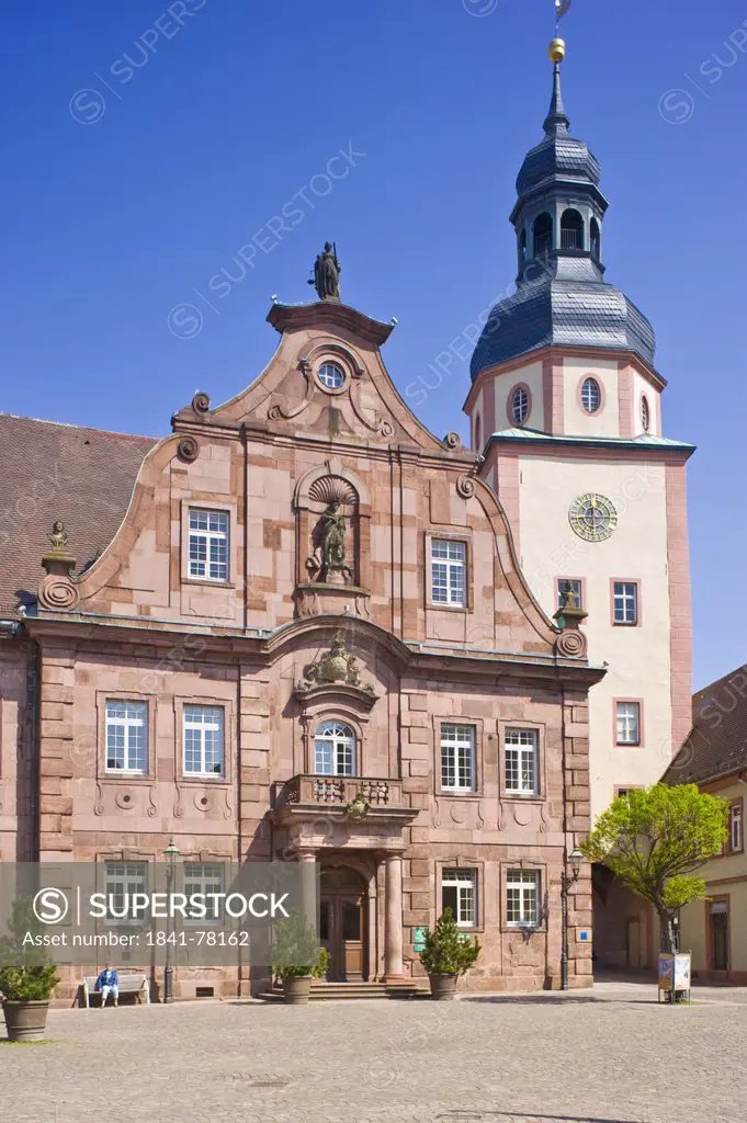 Market square with town hall and town hall tower, Ettlingen, Baden_Wuerttemberg, Germany, Europe