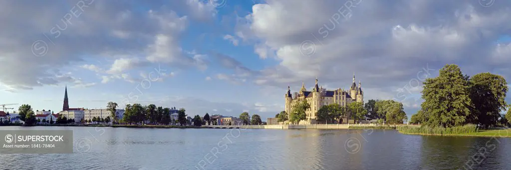 View above Burgsee at Dome, State Chancellery, Theater, Museum and Castle, Schwerin, Germany