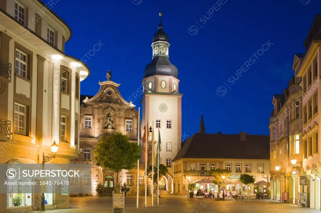 Market square with town hall and town hall tower, Ettlingen, Baden_Wuerttemberg, Germany, Europe