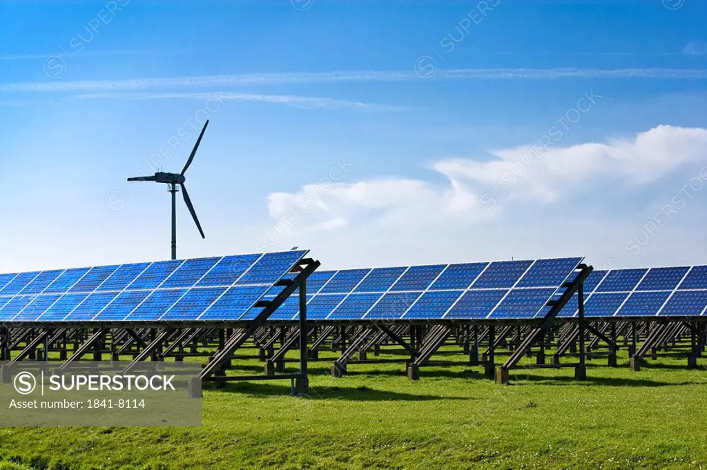 Solar panels and wind turbine, Pellworm, North Frisian Islands, Germany