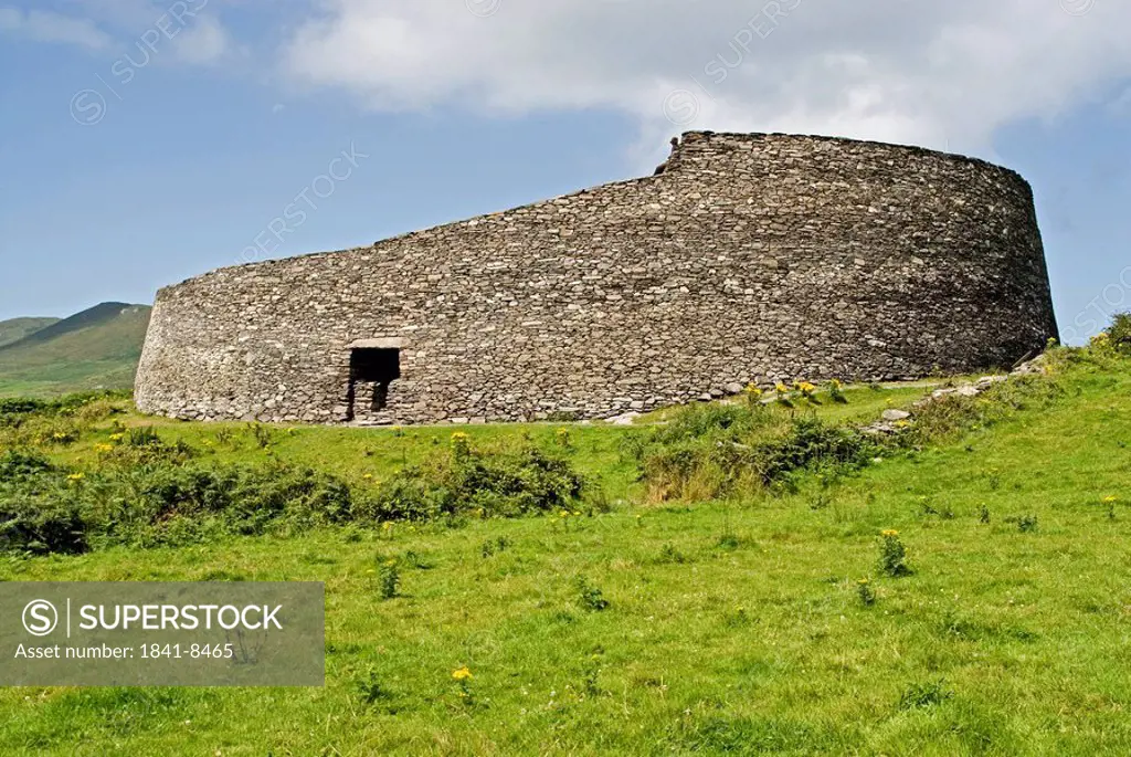 Low angle view of fort on hill, Cahergall Stone Fort, Iveragh Peninsula, County Kerry, Munster, Ireland