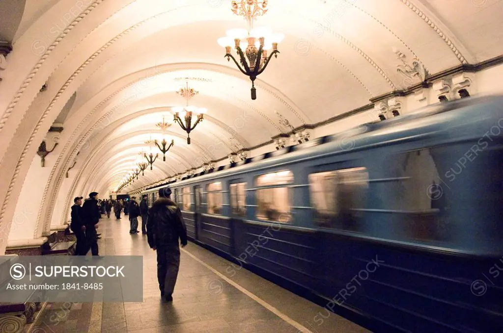 Passengers at subway station, Arbatskaya, Arbatsko-Pokrovskaya Line, Moscow, Russia