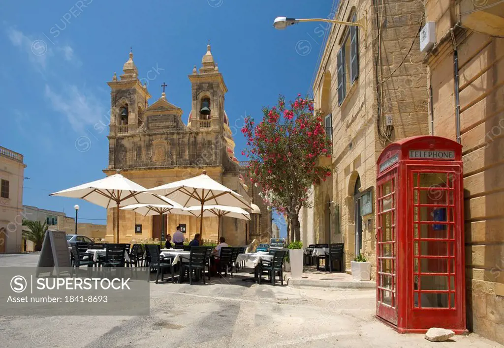 Street cafe and cathedral, San Lawrenz, Gozo, Malta