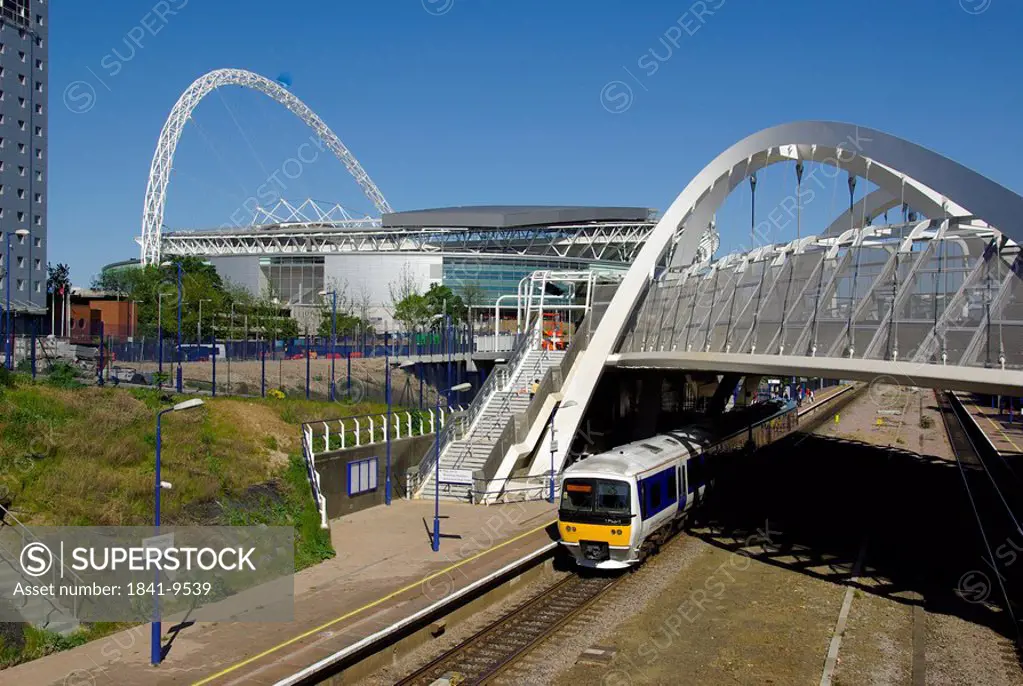Railway station with stadium in background, Wembley Arena, Wembley Stadium, Wembley, London, England