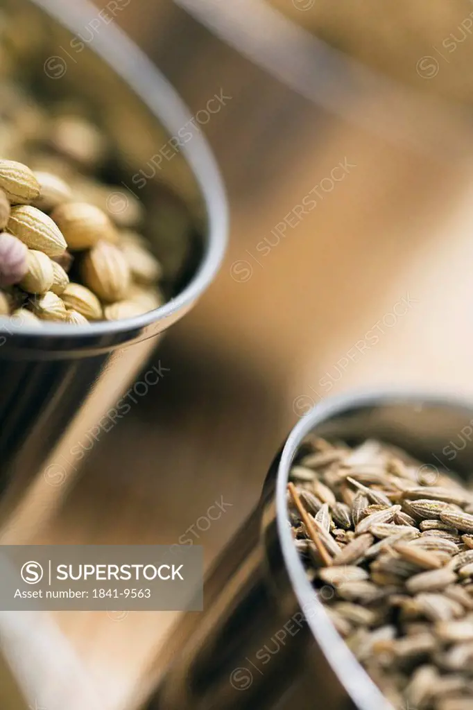 Cumins and coriander seeds in bowls
