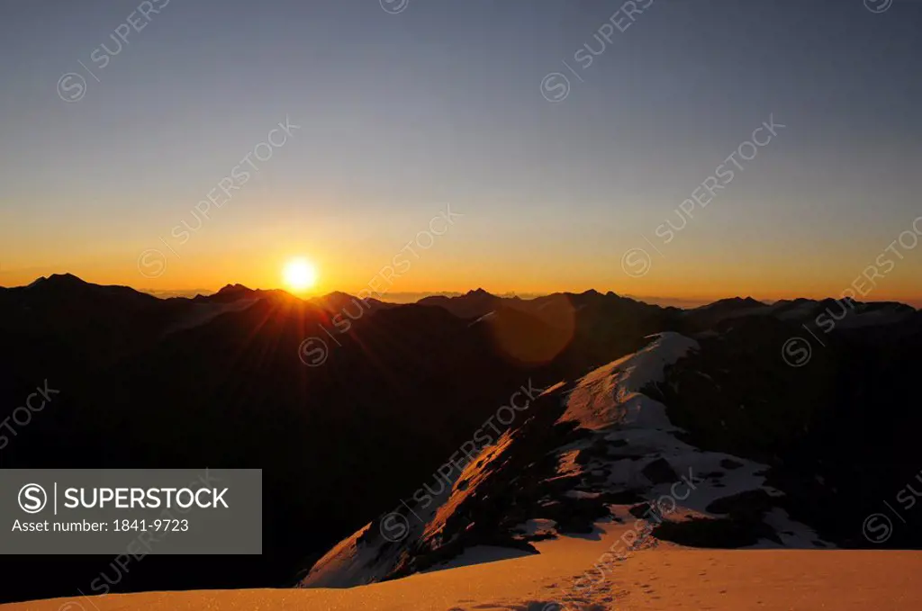 Sunset over mountain range, Sulden, Ortles, Trentino_Alto Adige, Italy