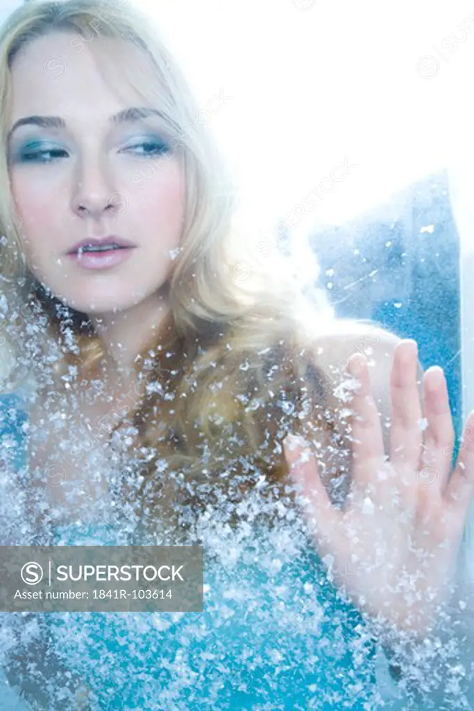 woman behind winter glass