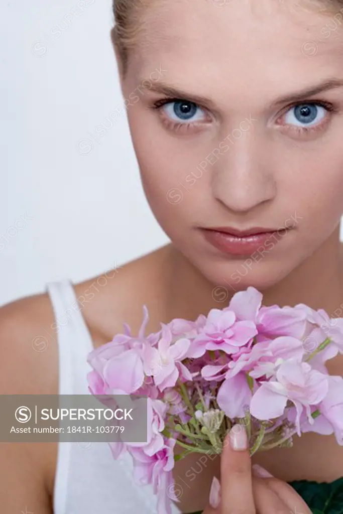 young woman with hydrangea