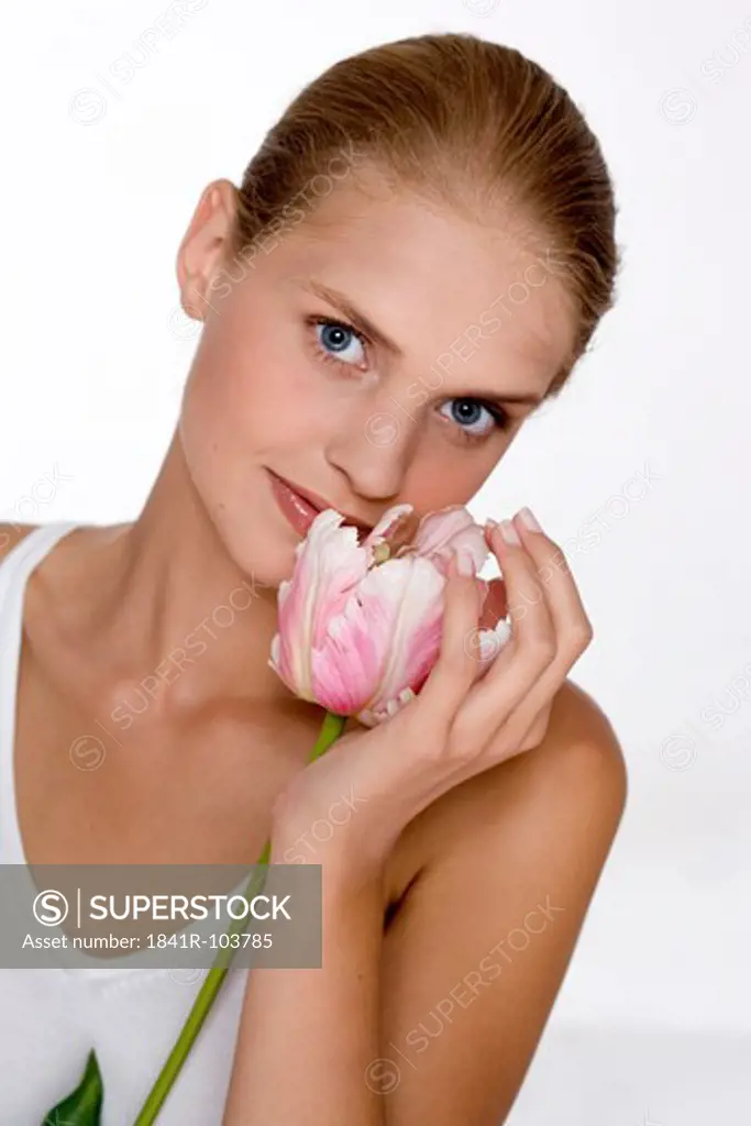 young woman with rose tulip