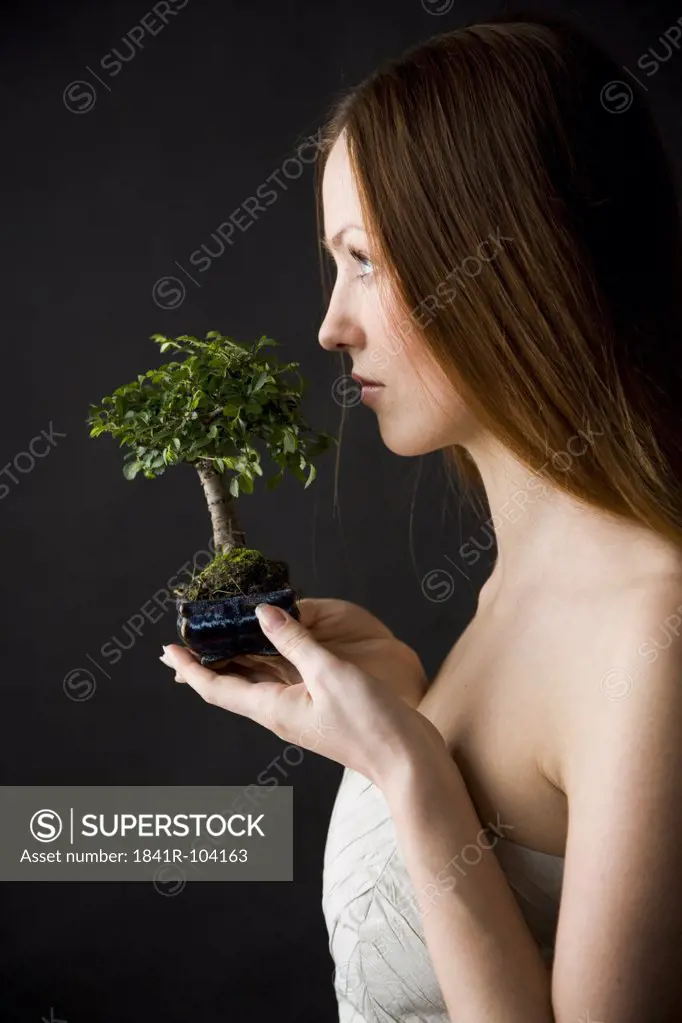 beauty woman with bonsai tree
