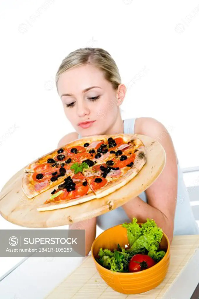 young woman with pizza
