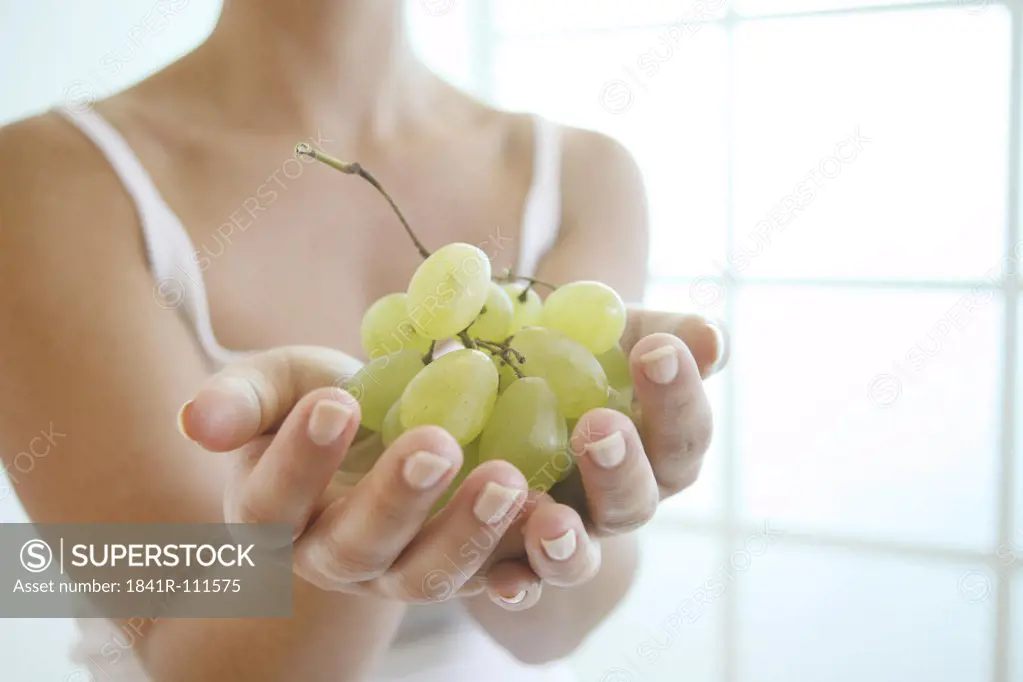 Female hands holding a bunch of grapes.