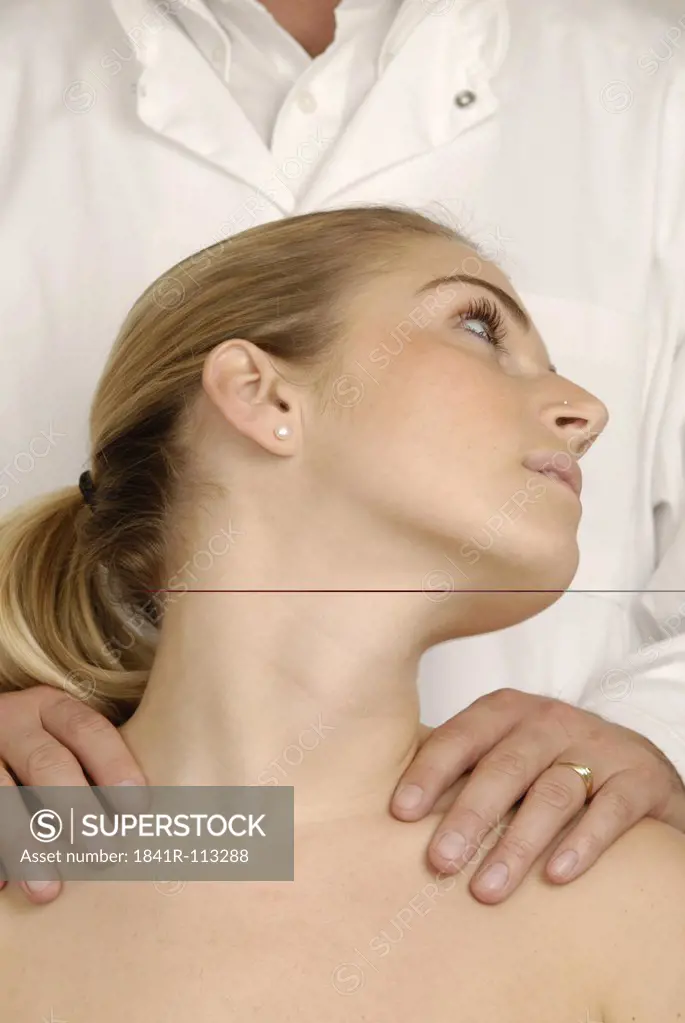 Physical examination : Palpation of neck musculature , examination of cervical spine ( active rotation and extension )