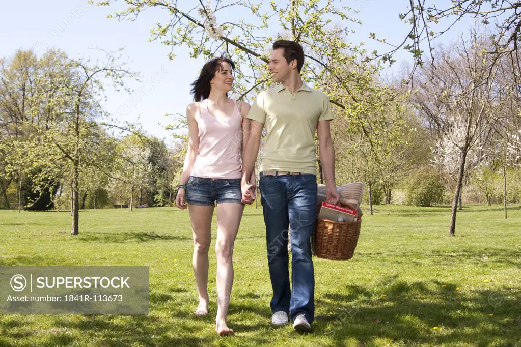 Young couple walking hand in hand with picnic basket in meadow