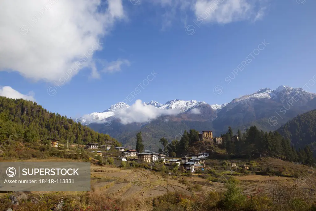 Paddy fields and village in the Paro Valley, Bhutan