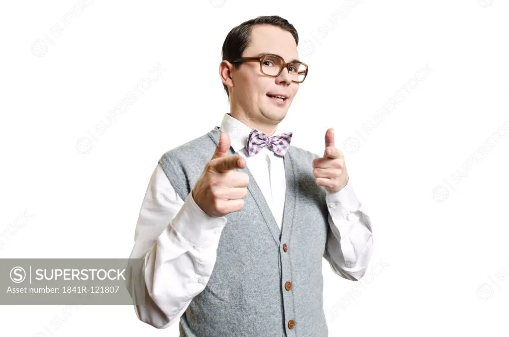 Man with glasses gesturing