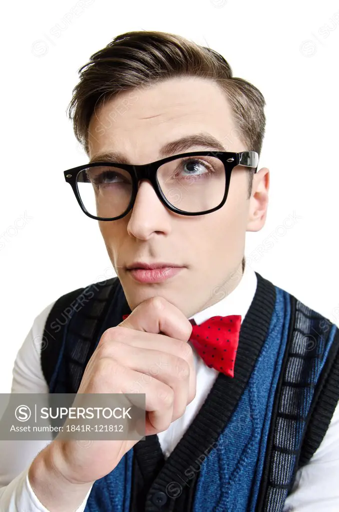 Man with glasses thinking