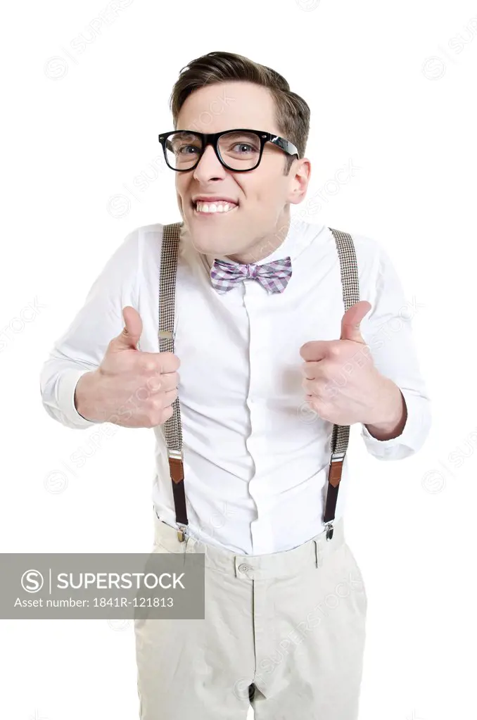 Man with glasses pulling faces and gesturing