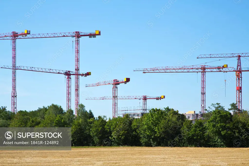 Cranes on a construction site near a field