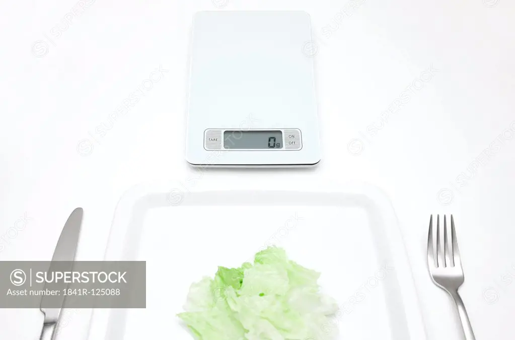 Plate with salad and scales