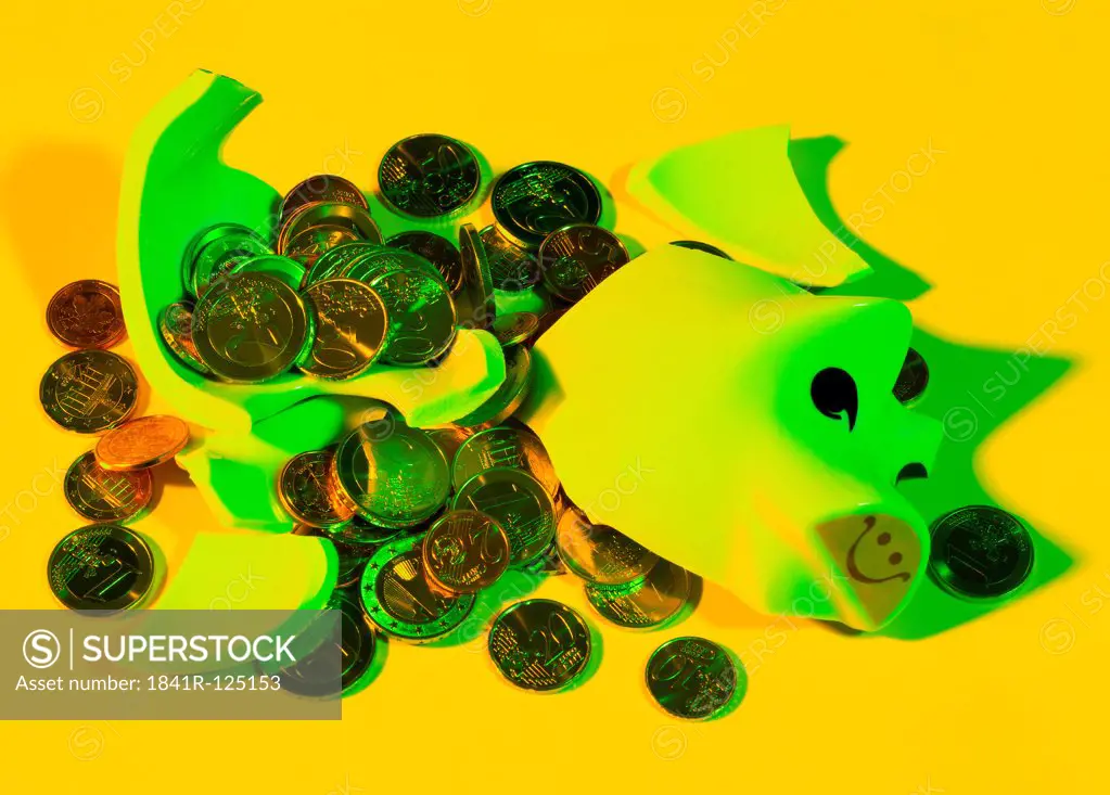Broken Piggy bank with scattered coins