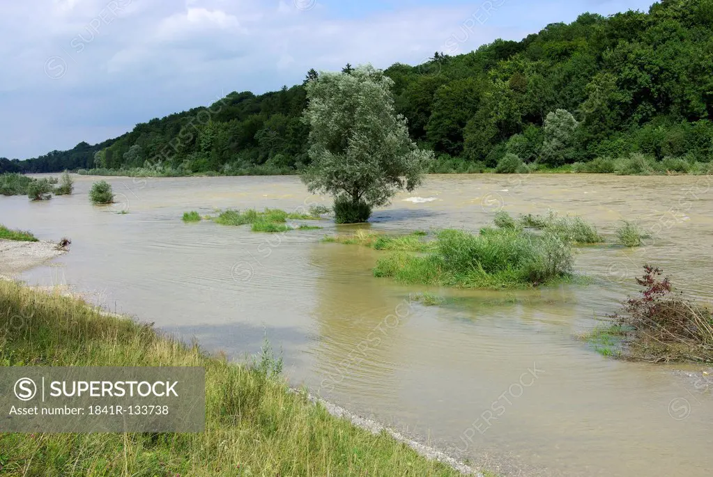 Floodwater at River Isar, Thalkirchen, Munich, Bavaria, Germany