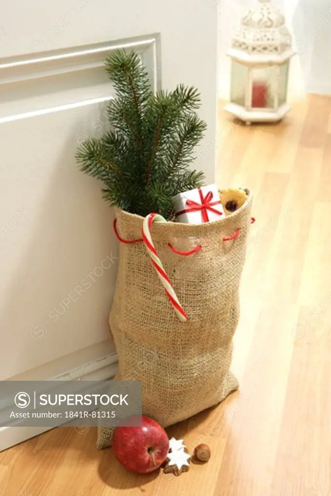 Sack of Christmas tree and presents near door