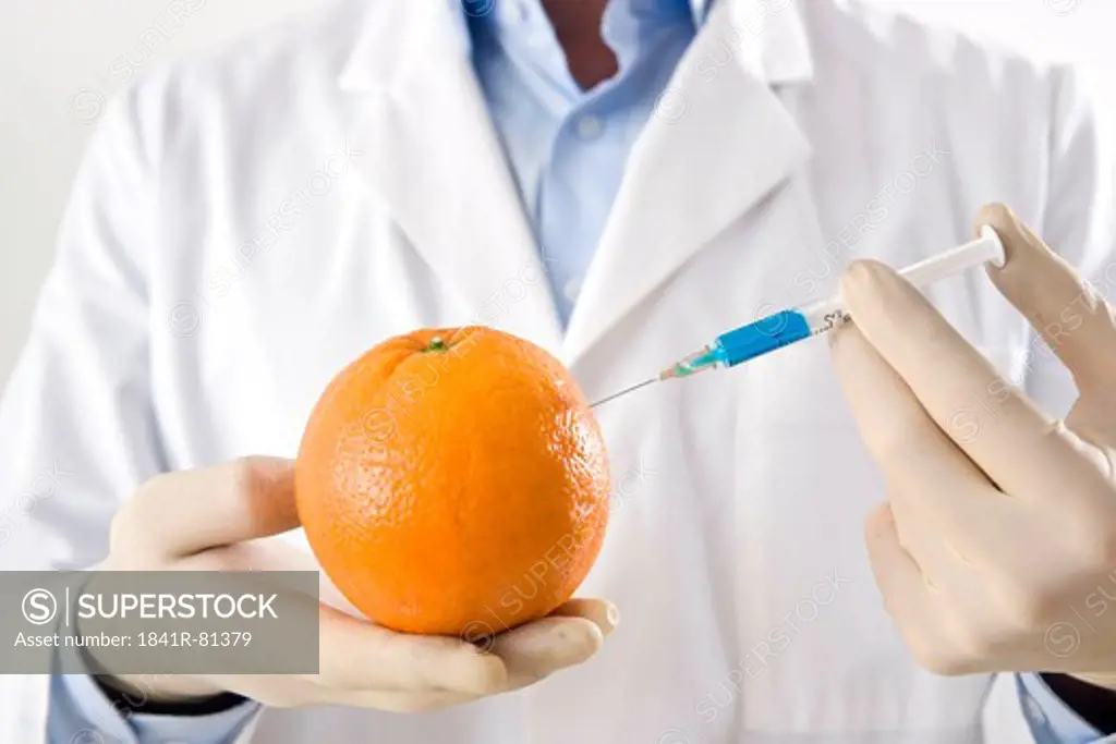 Scientist injecting orange