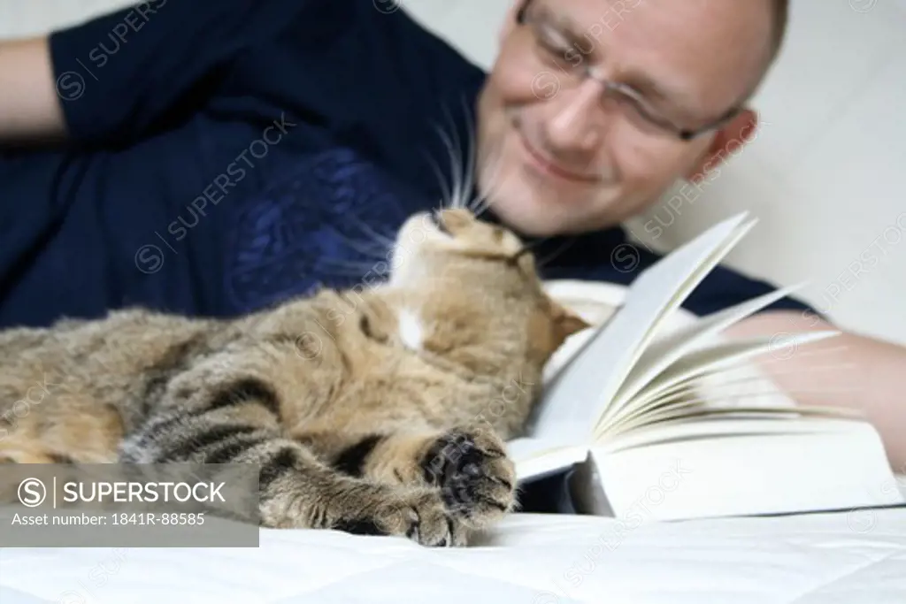 Close-up of man playing with cat on bed