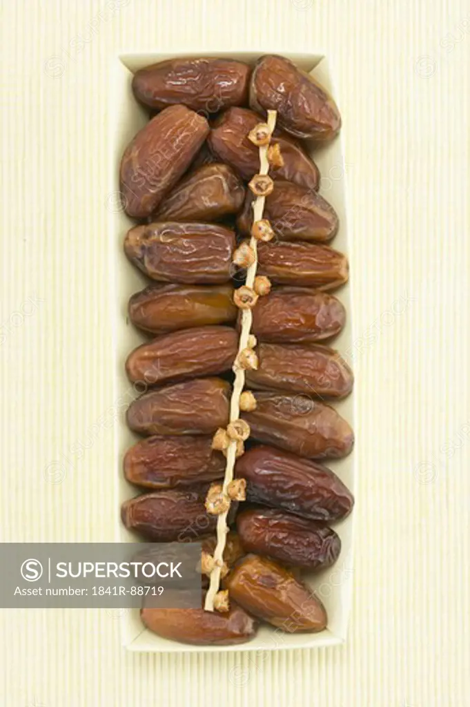 High angle view of dried figs in box