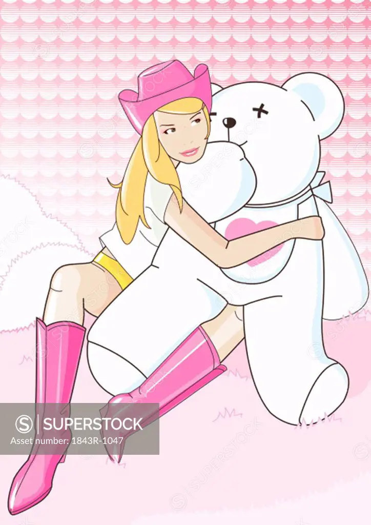 Young woman dressed in cowboy outfit with teddy bear
