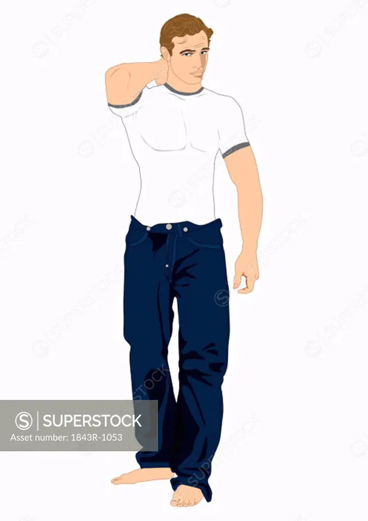 Muscular man in jeans and t-shirt posing with arm behind his head