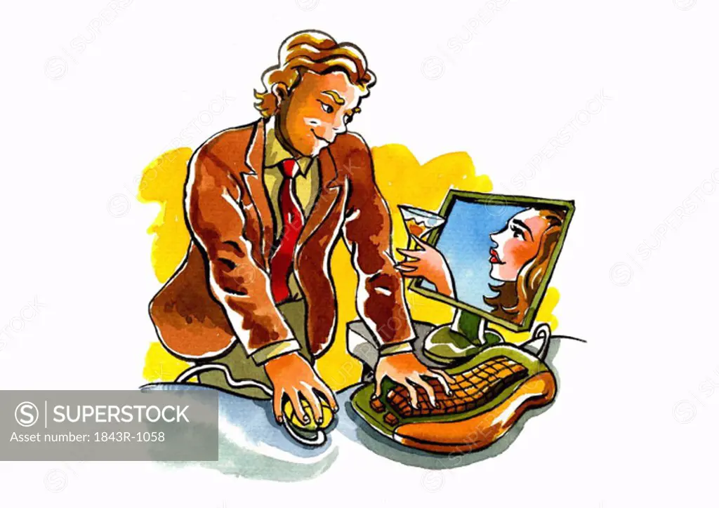 Business man looking at woman offering him a drink from the computer