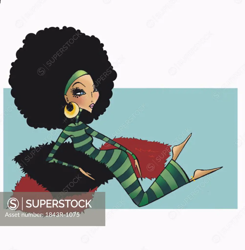 Woman with Afro hairdo resting on floor pillows