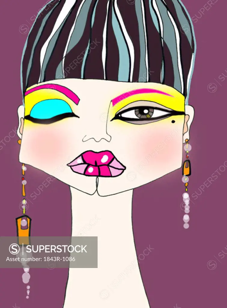Headshot of woman in heavy makeup and creative earrings