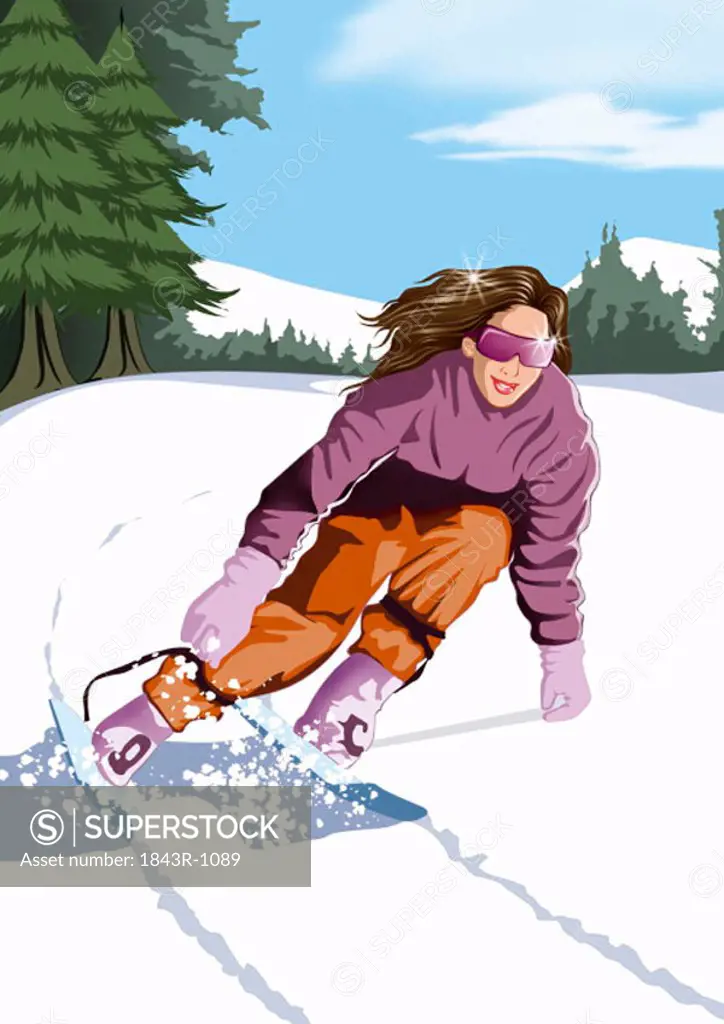 Woman rushing down hillside on her skis