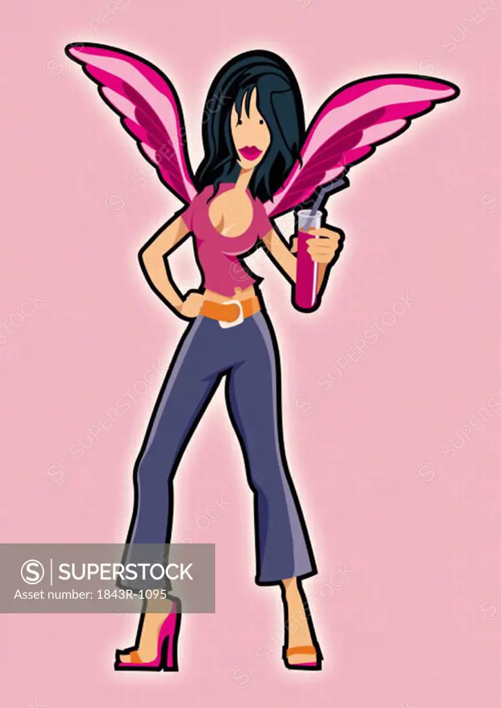 Hip woman with wings and a drink in her hand