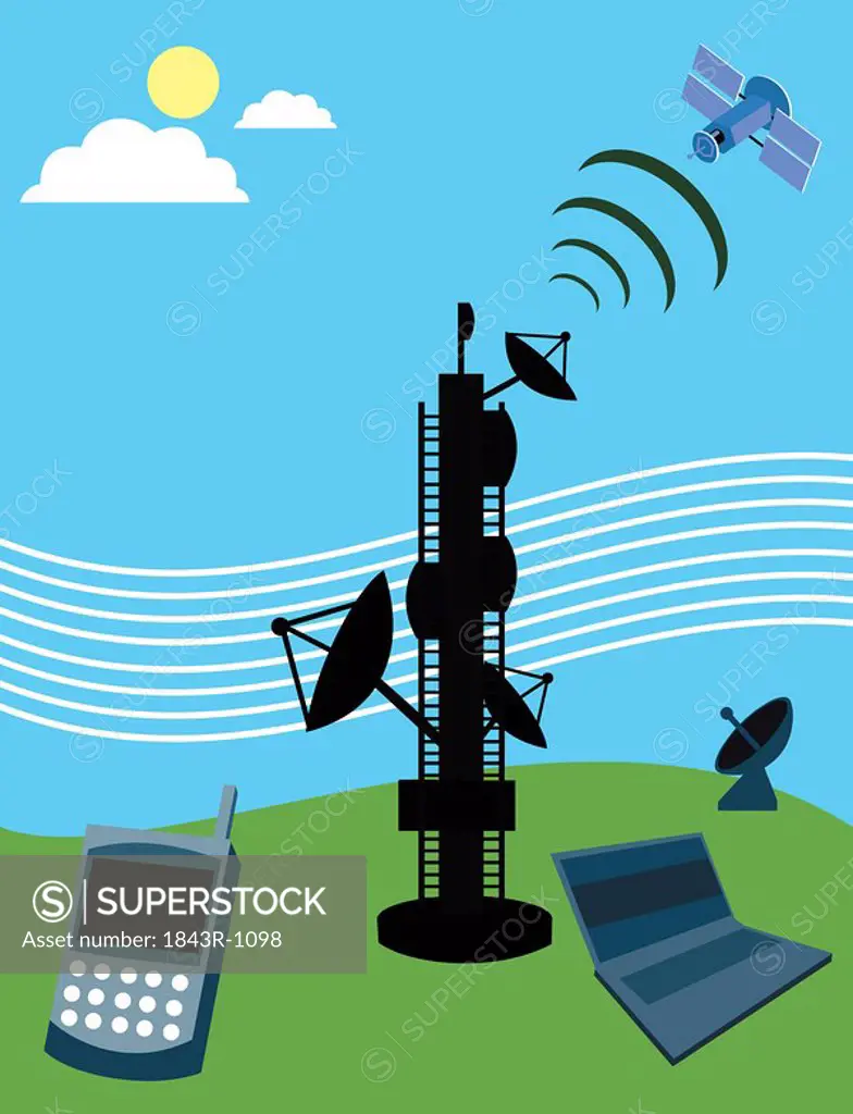 Telecom tower with satellite, laptop and mobile phone